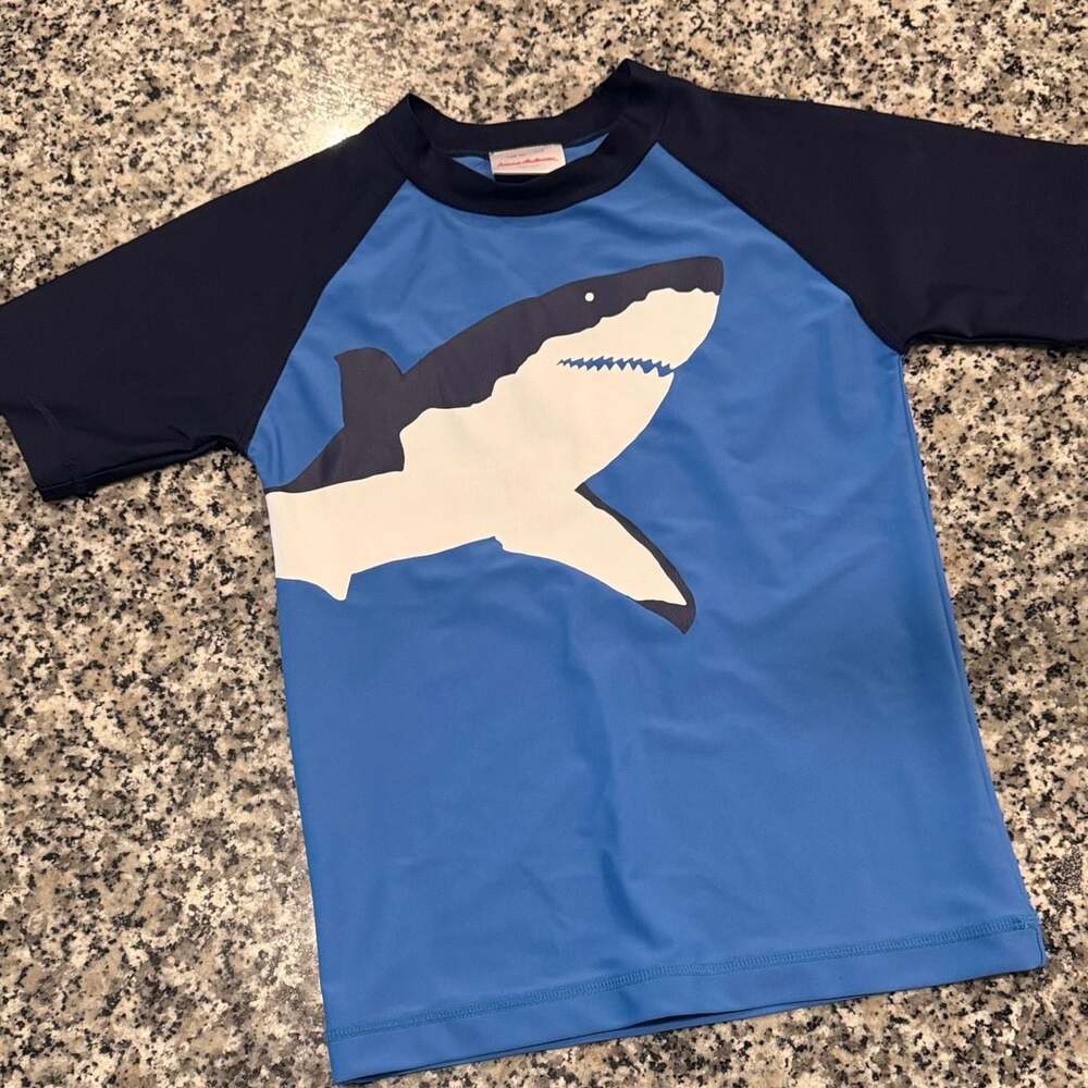 Hanna Andersson Boys Blue Shark Long Sleeve Swim Rash Guard 130cm US 8